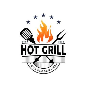 Barbeque Logo, Hot Grill Design With Fire And Spatula, Vector BBQ Grill Vin.. Stock Illustration