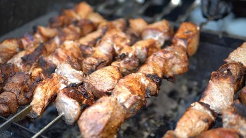 Barbeque meat roasting on skewers Stock Footage 119933422