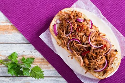 Barbeque Pulled Pork ciabatta open Sandwich, top view Stock Photos