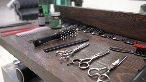 Barber accessories scissors close up Video stock 142846451