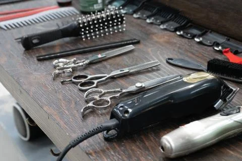 Barber accessories scissors close up Stock Photos