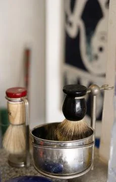 Barber brushes on the table Stock Photos