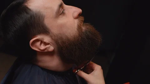 Barber combing beard with a pair of scissors at a barber shop Stock Footage 86989567