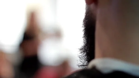 Barber cuts client’s beard with professional beard trimmer in barbershop Stock-Footage 73566101