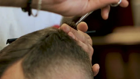 Barber cuts the hair of the client with scissors close-up. Stock Footage 102205160