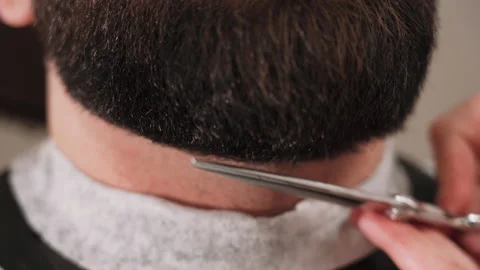 Barber cuts a man's beard with scissors Stock Footage 157621583