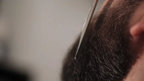 Barber cuts a man's beard with scissors Stock Footage 157621793