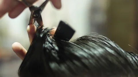 Barber cutting client hair with scissors Stock Footage 82705049