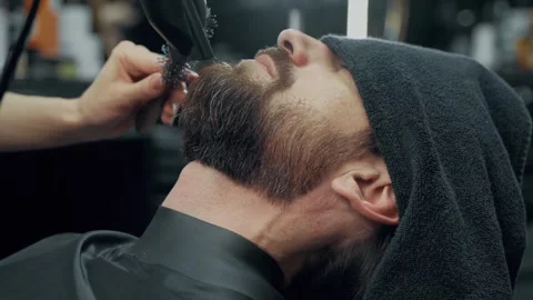 Barber Drying Client Beard In Barbershop Stock-Footage 339183076