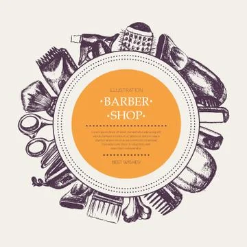 Barber Equipment - vector hand drawn round banner template Stock Illustration