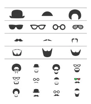 Barber icon flat set. Mustache, beard, glasses, hat, afro hair hipster symbols Stock Illustration