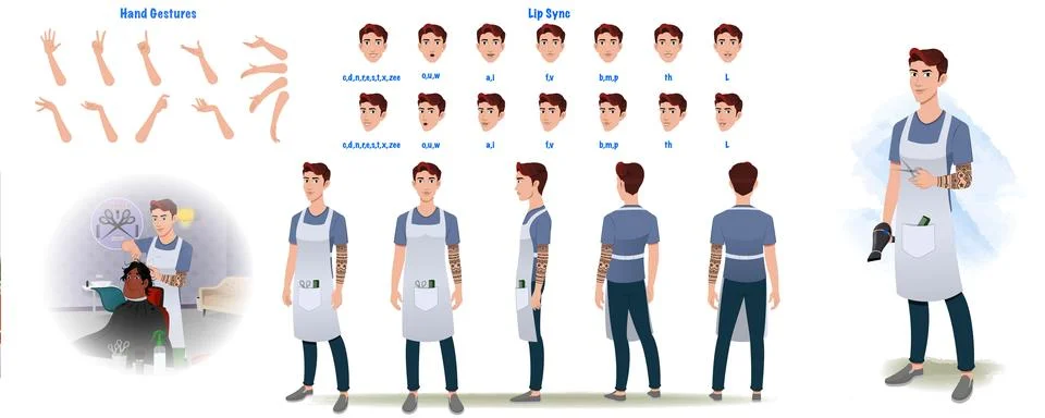 A barber model sheet, creation set. Hair stylist turnaround sheet, hand gestures Stock Illustration
