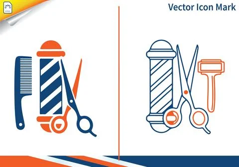 Barber pole scissors razor and comb icons, blue and orange. Stock-Illustration