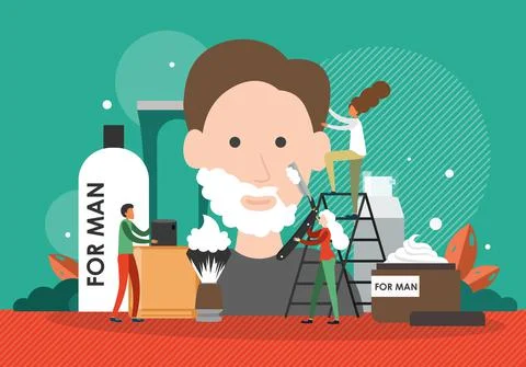 Barber shaving beard with razor, doing man hair, flat vector illustration. Men 库存插图