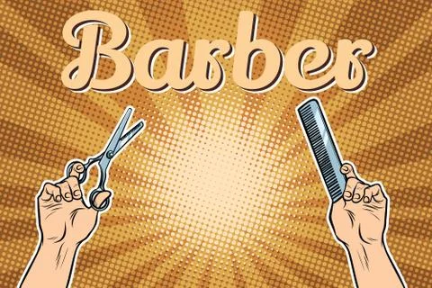 Barber shop background, the hands with scissors and comb Stock Illustration