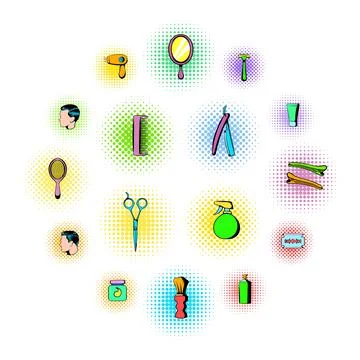 Barber shop elements icons set, comics style Stockillustratie