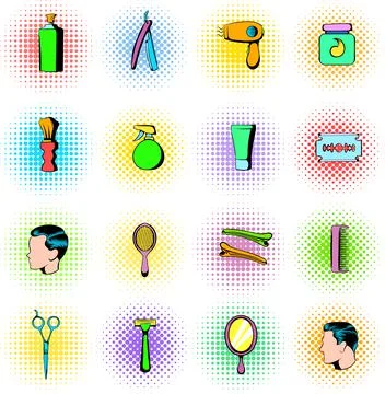 Barber shop elements icons set, comics style Illustrazione stock