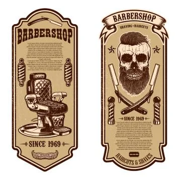 Barber shop flyer template. Barber chair and skull on white background. Desig Illustrazione stock
