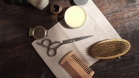 Barber shop grooming accessories Stock Footage 123728980