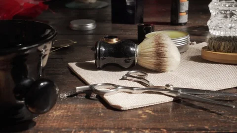 Barber shop grooming accessories Stock Footage 123730070