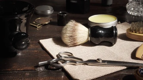 Barber shop grooming accessories Stock Footage 123730085