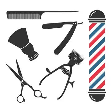 Barber shop icon set with scissors, razor, comb, manual clipper and shaving Illustrazione stock