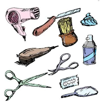 Barber shop. Vector. Drawn by hand. Items for hairdressers Stock Illustration