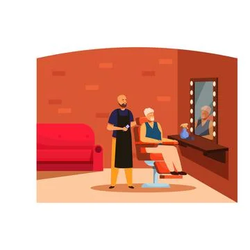 Barber standing next to senior customer sitting in barber chair getting hair cut Stock Illustration