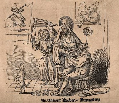 A barber-surgeon holding a jester's head over a bowl, an assistant and dog .. Stock Illustration