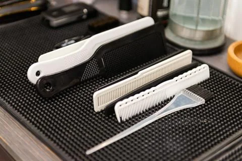 Barber table with tools Stock Photos