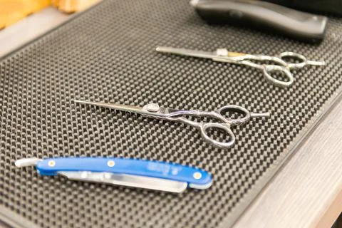 Barber table with tools Stock Photos