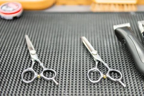 Barber table with tools Stock Photos