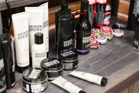 Barber table with tools Stock Photos