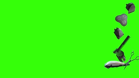 Barber tools and accessories floating on a green screen background Stockbeeldmateriaal 340048832