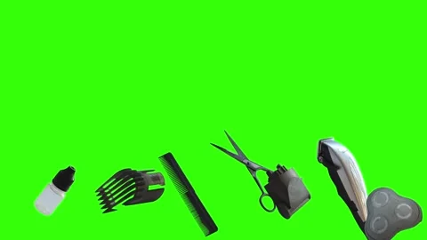Barber tools and accessories floating on a green screen background Video stock 340048833