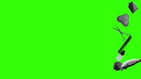 Barber tools and accessories floating on a green screen background Stock Footage 340048840