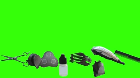 Barber tools and accessories floating on a green screen background Stock Footage 340048845