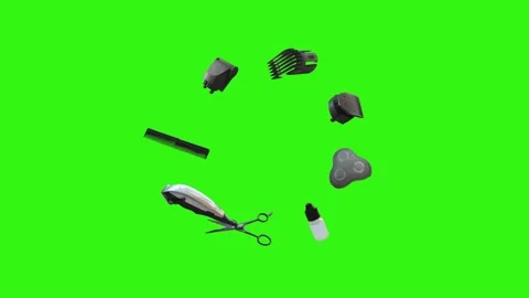 Barber tools and accessories floating on a green screen background Video stock 340048850