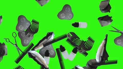 Barber tools and accessories floating on a green screen background Stock Footage 340048862