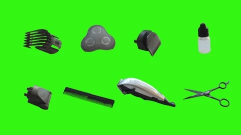 Barber tools and accessories floating on a green screen background Video stock 340048865