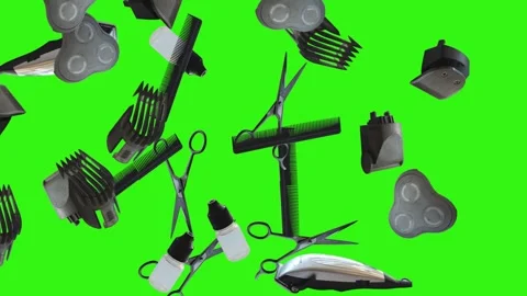 Barber tools and accessories floating on a green screen background Stock Footage 340048866