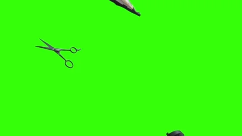 Barber tools and accessories floating on a green screen background Video stock 340048872