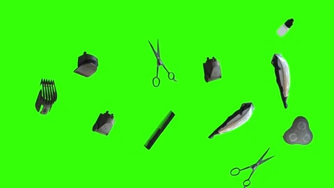 Barber tools and accessories floating on a green screen background Stock Footage 340048875