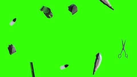 Barber tools and accessories floating on a green screen background Stock Footage 340048878