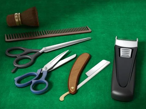 Barber tools standing on green background. 3D illustration Stock Illustration