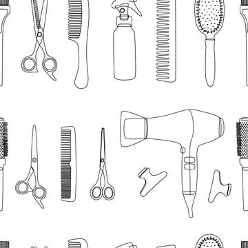 Barber tools on a white background in a seamless pattern. Line art of hair salon Stock Illustration