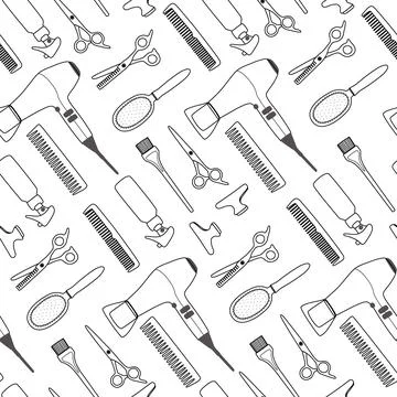 Barber tools on a white background in a seamless pattern. Line art of hair salon Stock Illustration