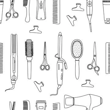 Barber tools on a white background in a seamless pattern. Line art of hair salon Stock Illustration