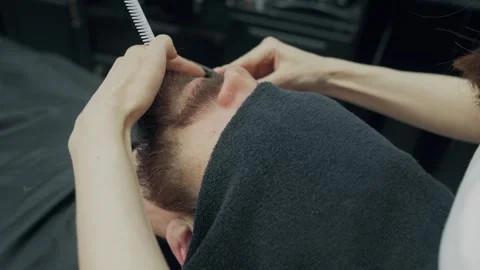 Barber Trimming Client Beard With Scissors Stock-Footage 341599713