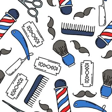Barbershop seamless doodle pattern, vector color illustration Stock Illustration